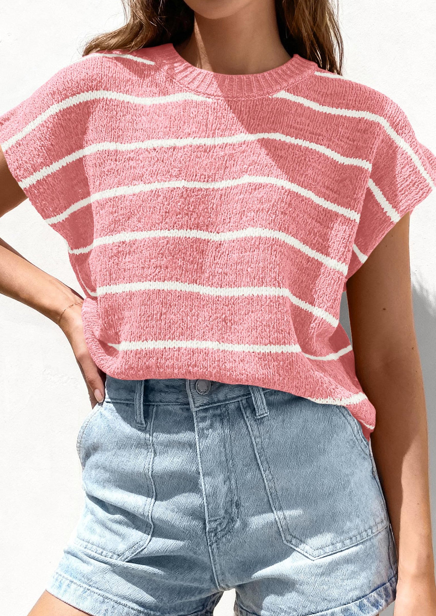 PRETTYGARDEN Womens Summer Short Sleeve Tops Trendy Crew Neck Striped Knit Sweater Business Casual Spring Clothes PRETTYGARDEN