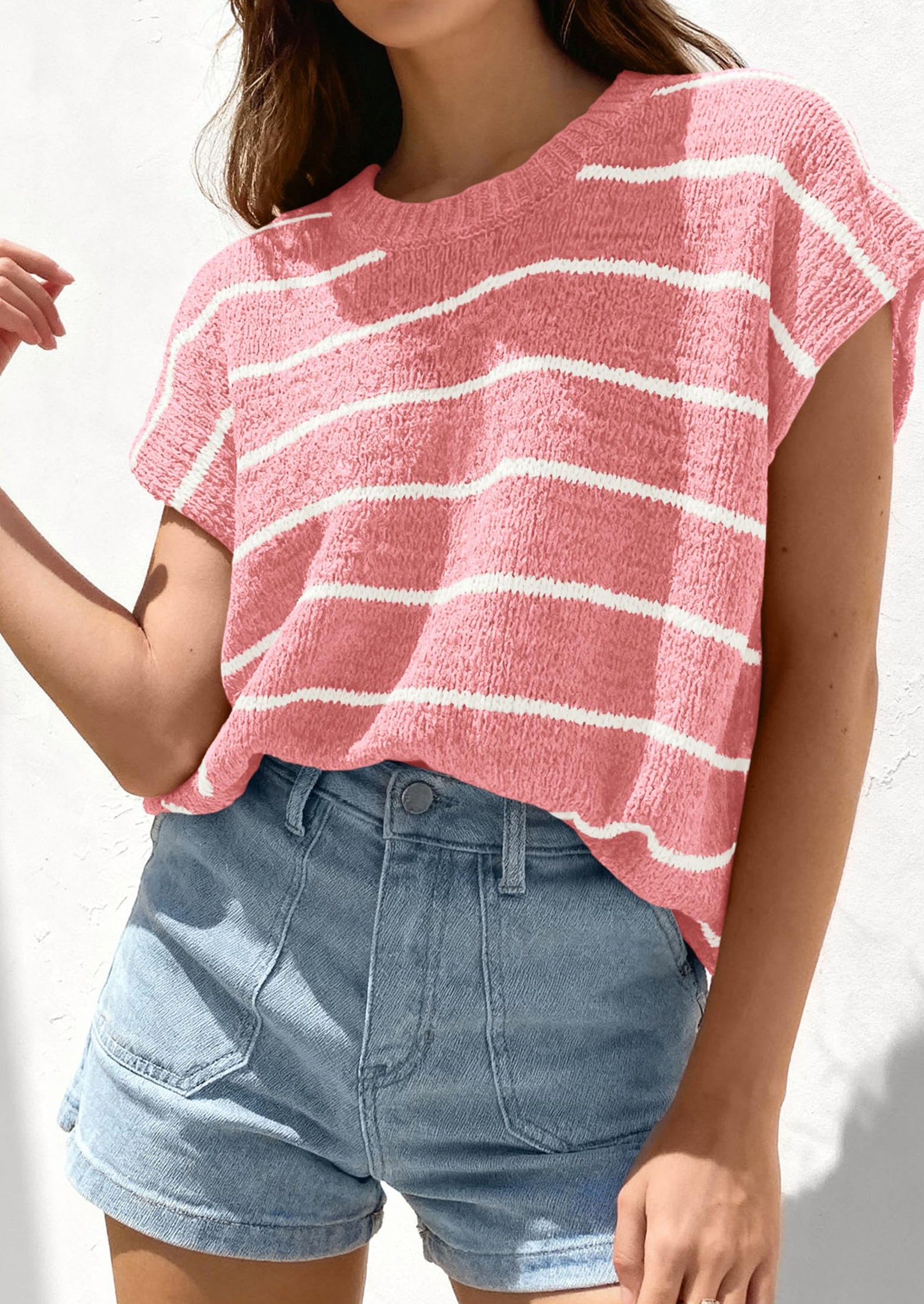 PRETTYGARDEN Womens Summer Short Sleeve Tops Trendy Crew Neck Striped Knit Sweater Business Casual Spring Clothes PRETTYGARDEN
