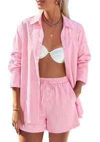 PRETTYGARDEN Women's Summer 2 Piece Matching Lounge Sets Pajamas Long Sleeve Shirts Blouse Pockets Shorts 2026 Spring Outfits