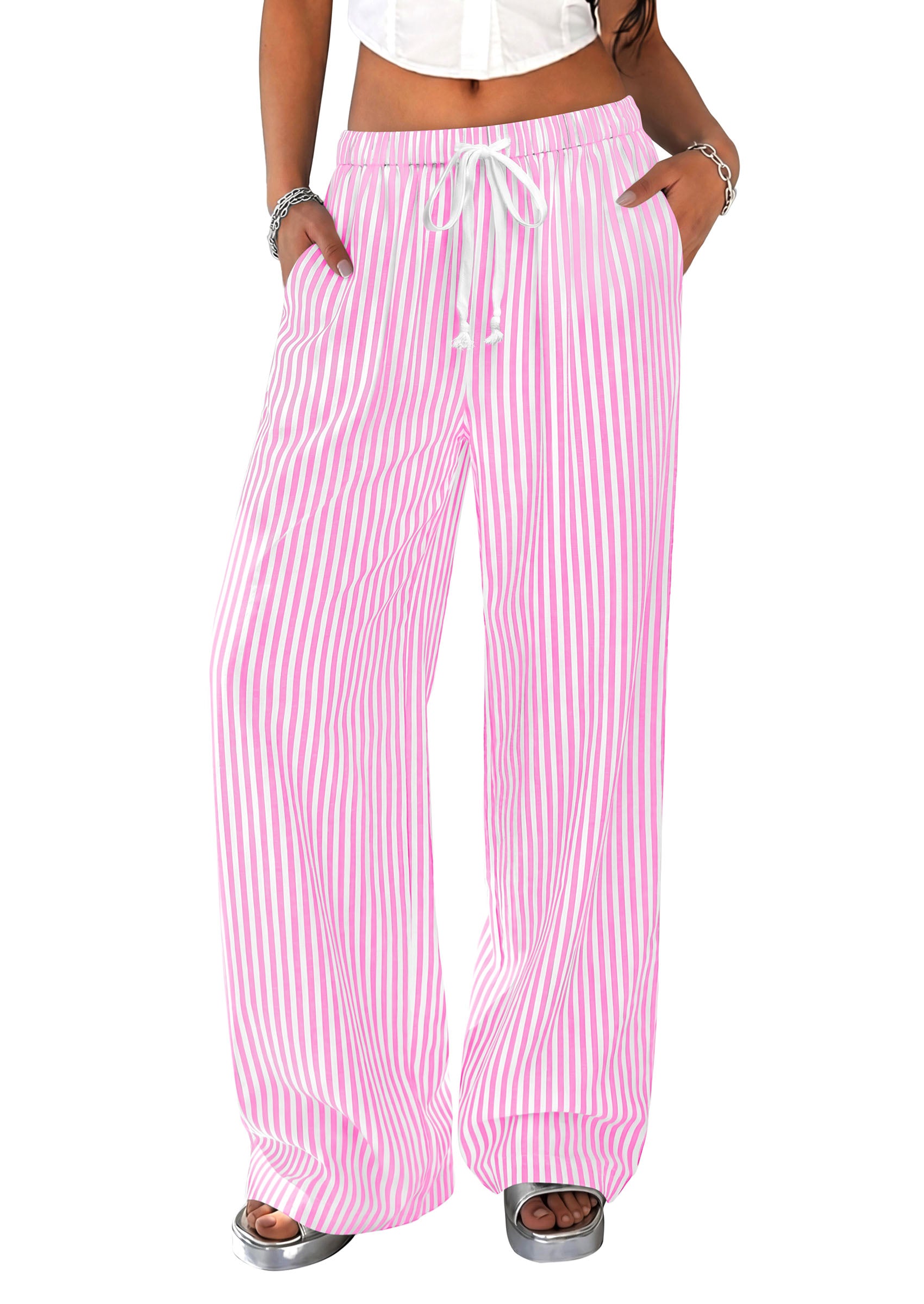 PRETTYGARDEN Striped Wide Leg Pants Women Loungewear with Pocket | Baggy Palazzo with Drawstring, Regular Elastic Waist Bottom, Casual Outfits 2026 for School, Beach Vacation & Travel