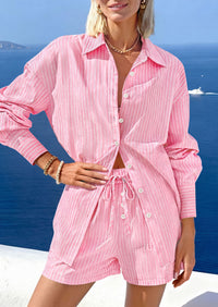 PRETTYGARDEN Women's Summer 2 Piece Matching Lounge Sets Pajamas Long Sleeve Shirts Blouse Pockets Shorts 2026 Spring Outfits