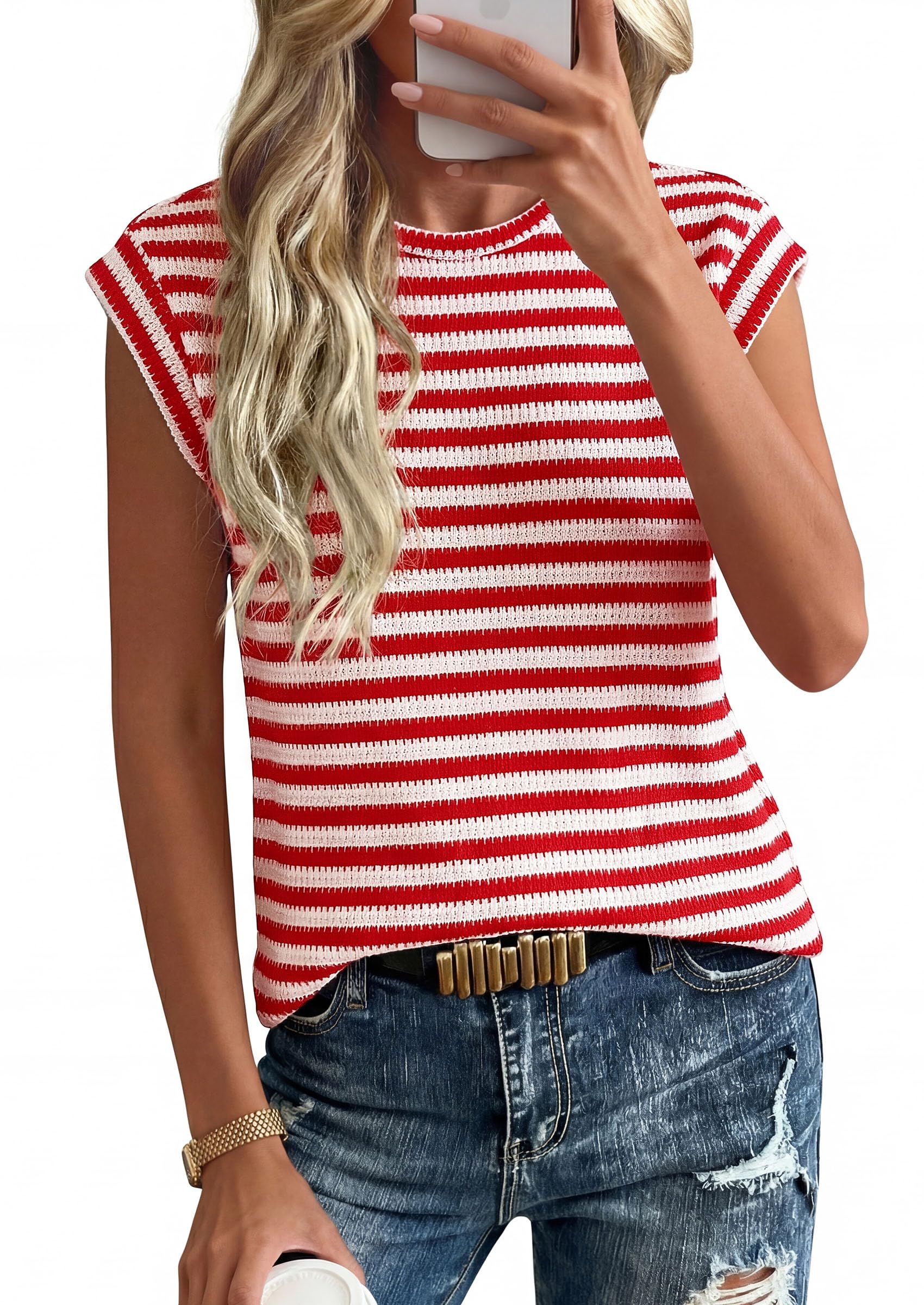 PRETTYGARDEN Women's Spring Vest Tops Cap Sleeve Striped Shirt Knit Tank Top Summer Beach Vacation Clothes PRETTYGARDEN