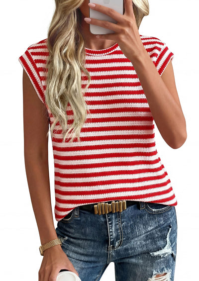 PRETTYGARDEN Women's Spring Vest Tops Cap Sleeve Striped Shirt Knit Tank Top Summer Beach Vacation Clothes PRETTYGARDEN
