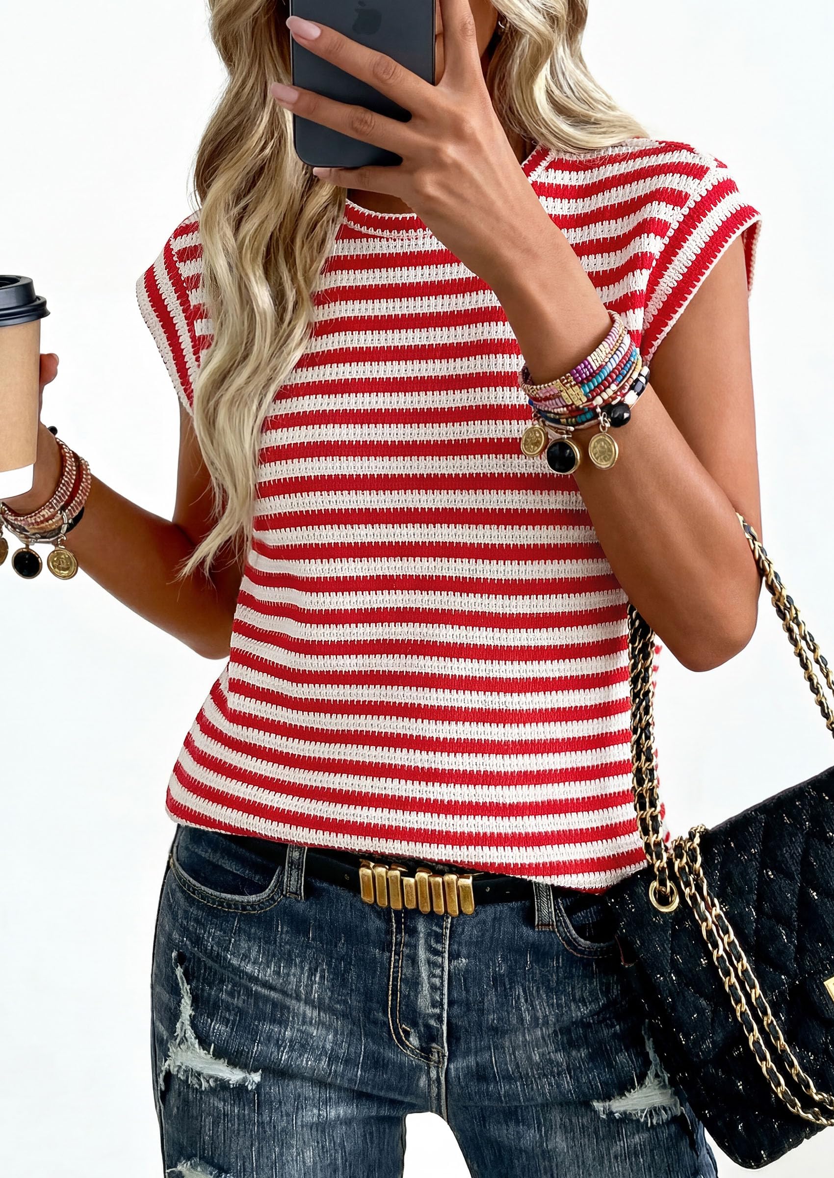 PRETTYGARDEN Women's Spring Vest Tops Cap Sleeve Striped Shirt Knit Tank Top Summer Beach Vacation Clothes PRETTYGARDEN