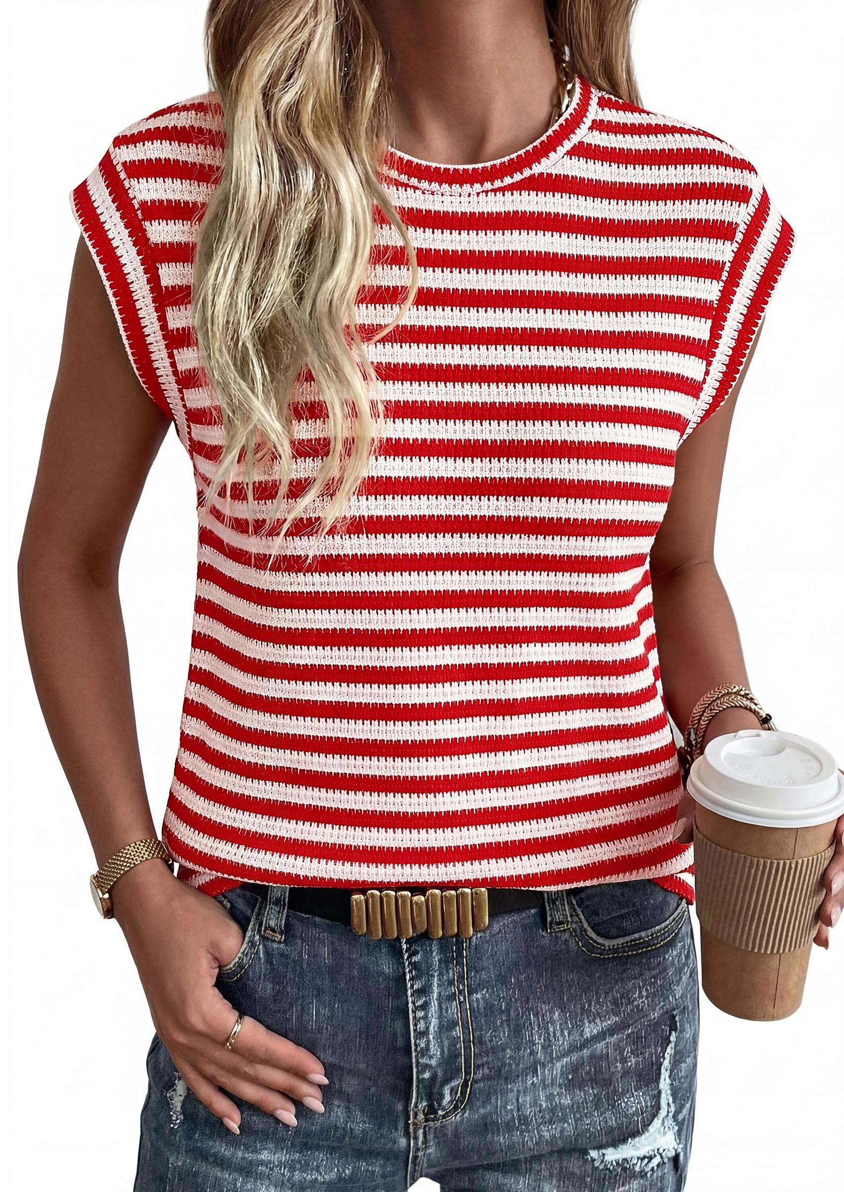 PRETTYGARDEN Women's Spring Vest Tops Cap Sleeve Striped Shirt Knit Tank Top Summer Beach Vacation Clothes PRETTYGARDEN