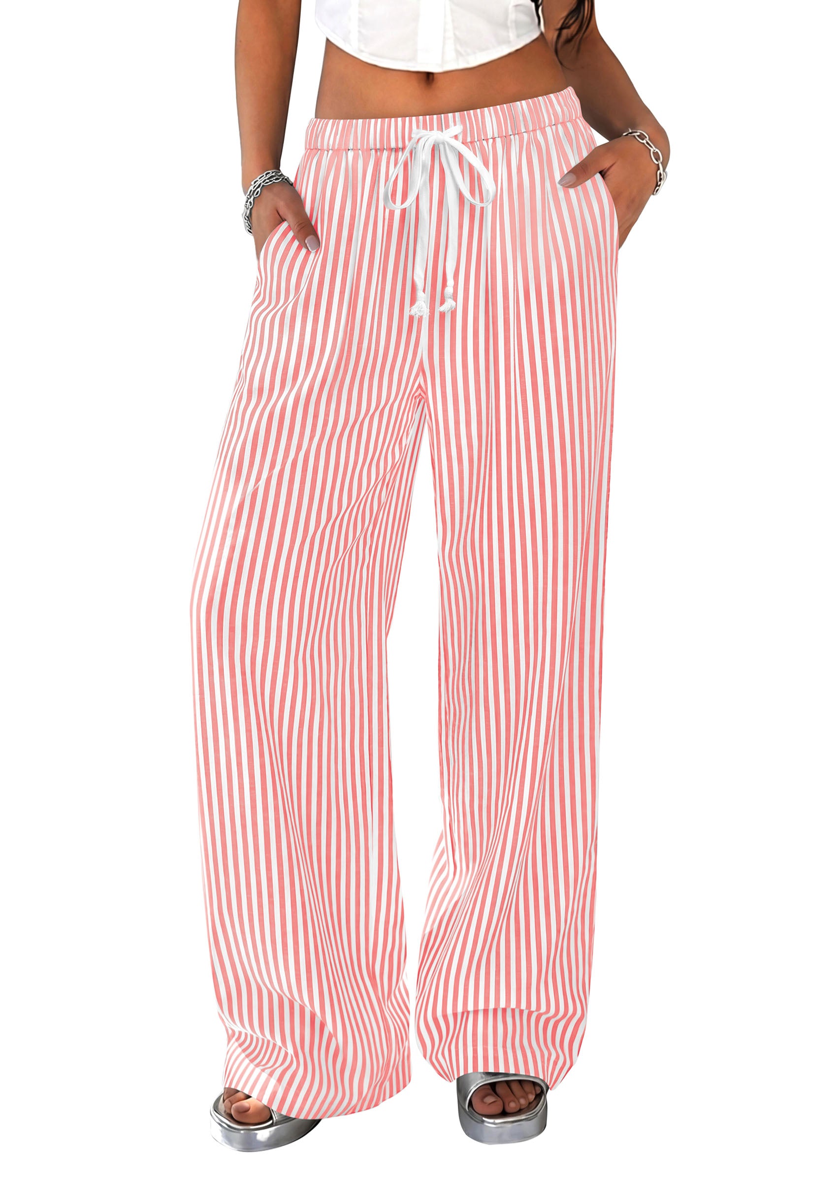 PRETTYGARDEN Striped Wide Leg Pants Women Loungewear with Pocket | Baggy Palazzo with Drawstring, Regular Elastic Waist Bottom, Casual Outfits 2026 for School, Beach Vacation & Travel