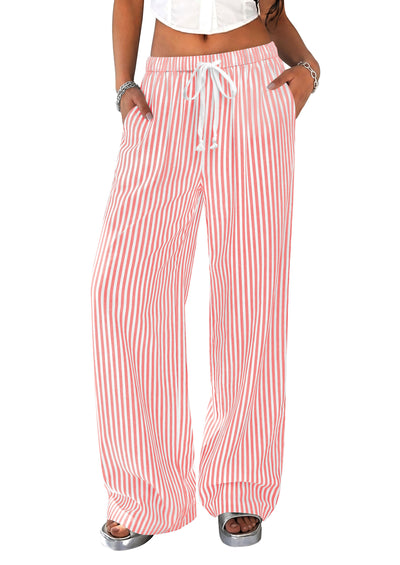 PRETTYGARDEN Striped Wide Leg Pants Women Loungewear with Pocket | Baggy Palazzo with Drawstring, Regular Elastic Waist Bottom, Casual Outfits 2026 for School, Beach Vacation & Travel