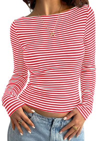 PRETTYGARDEN Long Sleeve Striped Shirts for Women				  Soft Ribbed Knit ,Y2k Tshirt,Slim Fit Layering,Cute Tops,Basic Tee,Business Casual Outfits,2026 Spring Fall Trendy Clothes