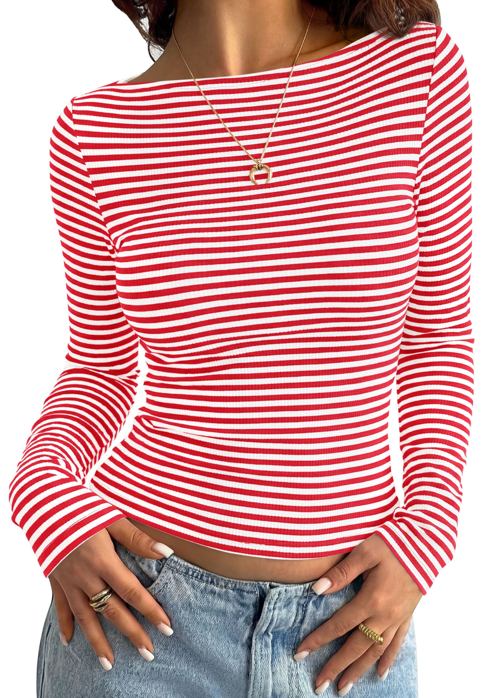 PRETTYGARDEN Long Sleeve Striped Shirts for Women				  Soft Ribbed Knit ,Y2k Tshirt,Slim Fit Layering,Cute Tops,Basic Tee,Business Casual Outfits,2026 Spring Fall Trendy Clothes