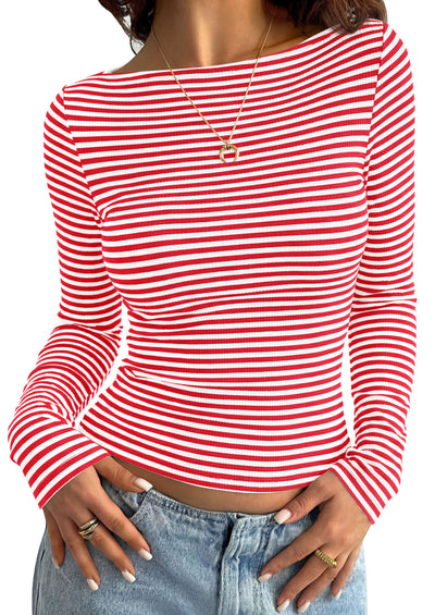 PRETTYGARDEN Long Sleeve Striped Shirts for Women				  Soft Ribbed Knit ,Y2k Tshirt,Slim Fit Layering,Cute Tops,Basic Tee,Business Casual Outfits,2026 Spring Fall Trendy Clothes