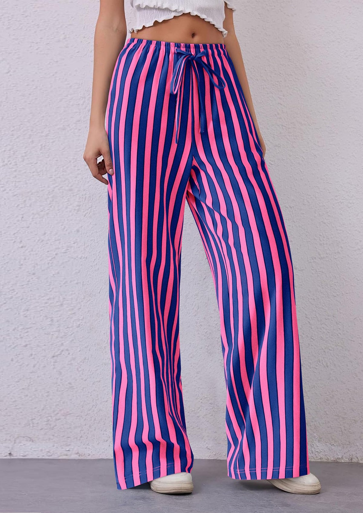 Women Striped Pants 2025 Summer Casual Trendy Lightweight Wide Leg Drawstring Lounge Pajama Trouser with Pockets