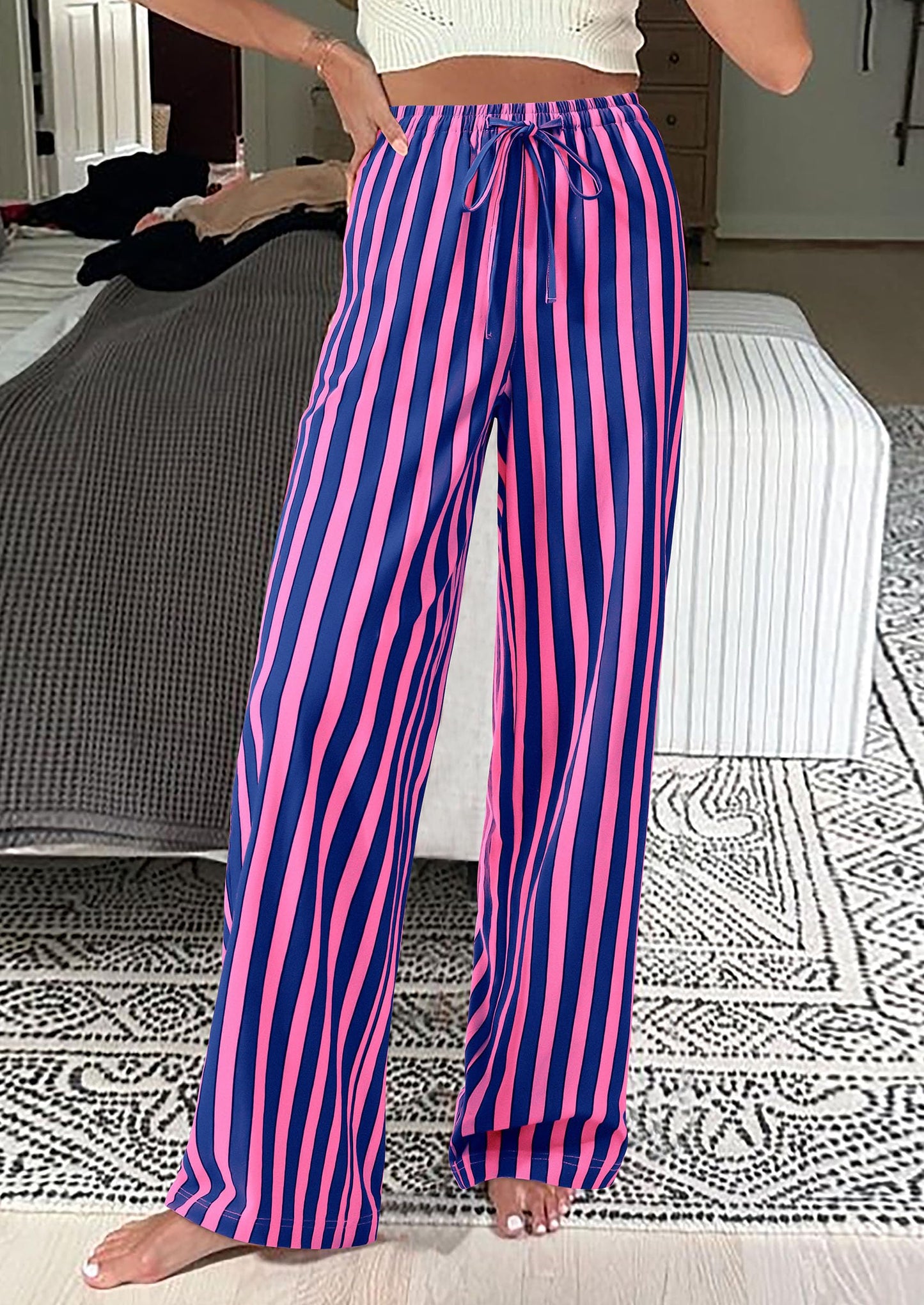 Women Striped Pants 2025 Summer Casual Trendy Lightweight Wide Leg Drawstring Lounge Pajama Trouser with Pockets