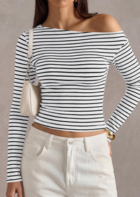 PRETTYGARDEN Womens Tops Fall Off The Shoulder Long Sleeve Shirts Striped Fitted Y2K T-Shirt Going Out Crop Top