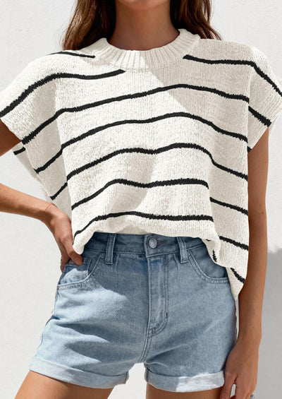 PRETTYGARDEN Womens Summer Short Sleeve Tops Trendy Crew Neck Striped Knit Sweater Business Casual Spring Clothes PRETTYGARDEN