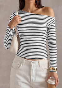 PRETTYGARDEN Womens Tops Fall Off The Shoulder Long Sleeve Shirts Striped Fitted Y2K T-Shirt Going Out Crop Top