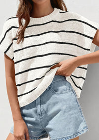 PRETTYGARDEN Womens Summer Short Sleeve Tops Trendy Crew Neck Striped Knit Sweater Business Casual Spring Clothes PRETTYGARDEN