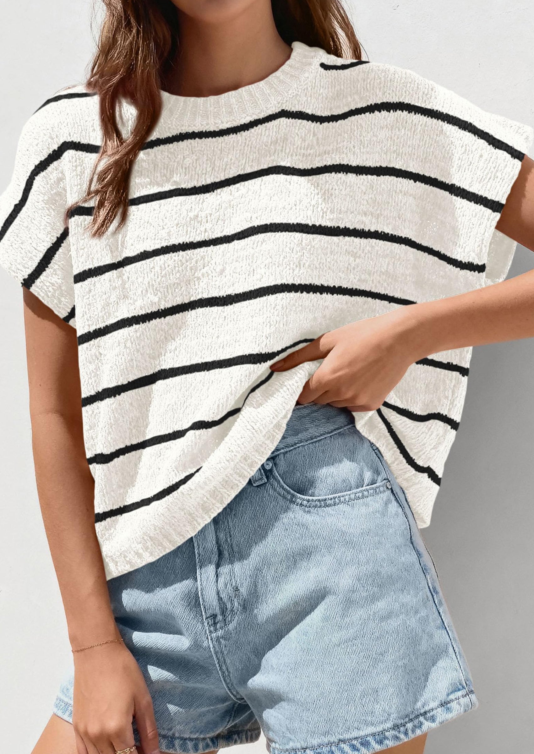 PRETTYGARDEN Womens Summer Short Sleeve Tops Trendy Crew Neck Striped Knit Sweater Business Casual Spring Clothes PRETTYGARDEN