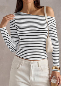 PRETTYGARDEN Womens Tops Fall Off The Shoulder Long Sleeve Shirts Striped Fitted Y2K T-Shirt Going Out Crop Top