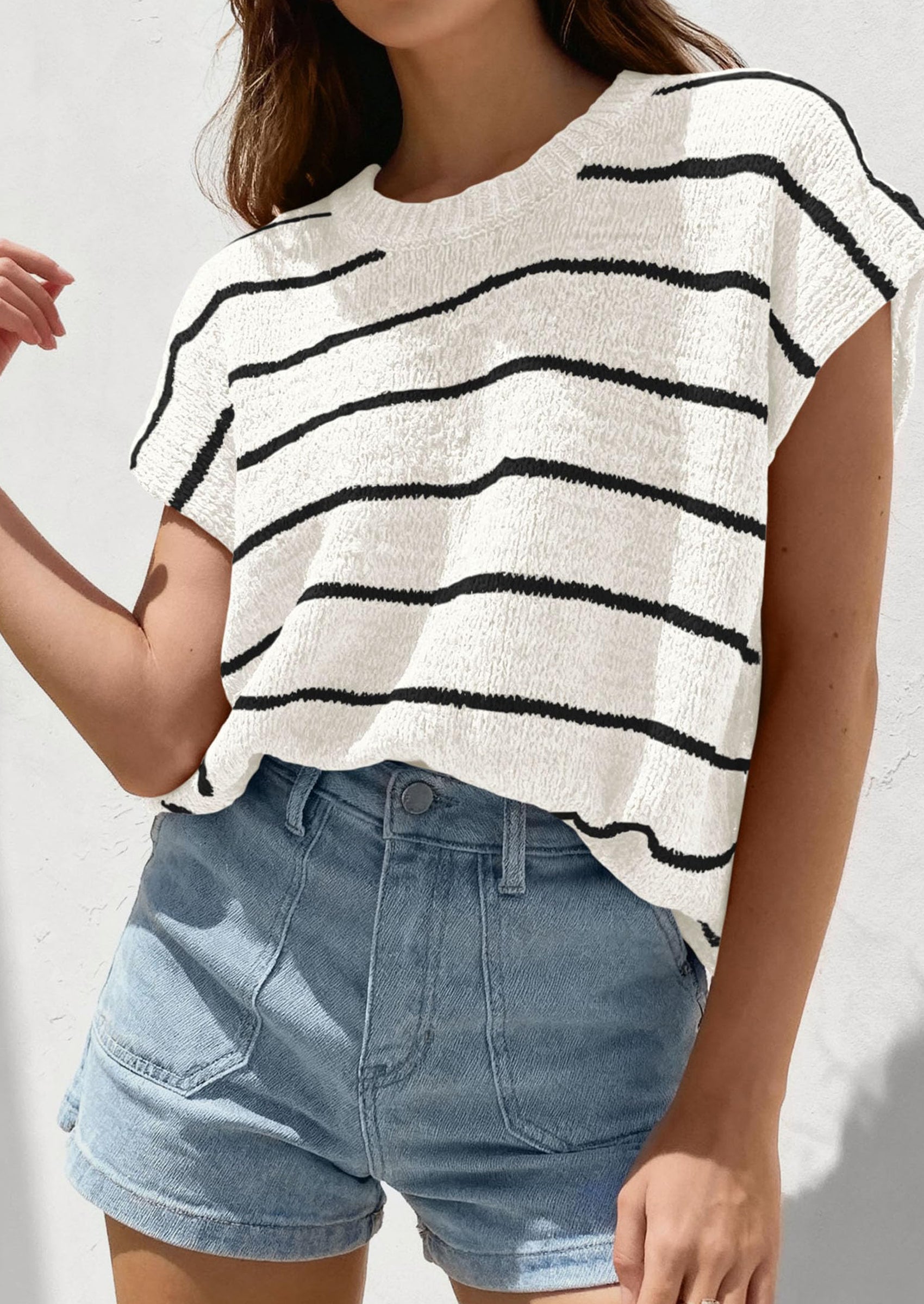PRETTYGARDEN Womens Summer Short Sleeve Tops Trendy Crew Neck Striped Knit Sweater Business Casual Spring Clothes PRETTYGARDEN