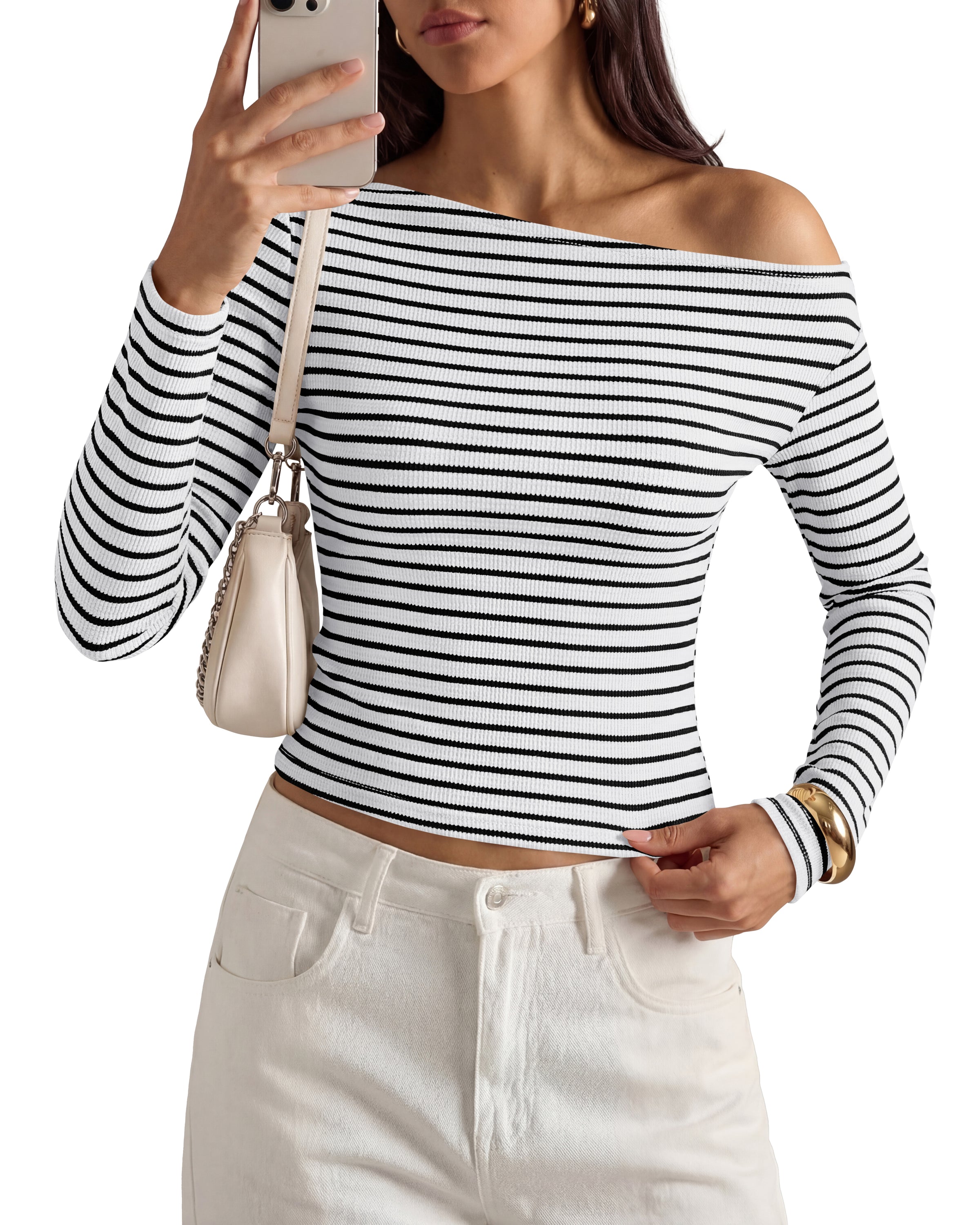 PRETTYGARDEN Womens Tops 2026 Fall Off The Shoulder Long Sleeve Shirts Striped Fitted Y2K T-Shirt Going Out Crop Top