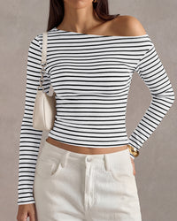 PRETTYGARDEN Womens Tops 2026 Fall Off The Shoulder Long Sleeve Shirts Striped Fitted Y2K T-Shirt Going Out Crop Top
