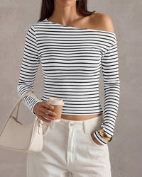 PRETTYGARDEN Womens Tops 2026 Fall Off The Shoulder Long Sleeve Shirts Striped Fitted Y2K T-Shirt Going Out Crop Top
