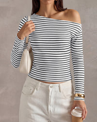 PRETTYGARDEN Womens Tops 2026 Fall Off The Shoulder Long Sleeve Shirts Striped Fitted Y2K T-Shirt Going Out Crop Top