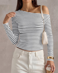 PRETTYGARDEN Womens Tops 2026 Fall Off The Shoulder Long Sleeve Shirts Striped Fitted Y2K T-Shirt Going Out Crop Top