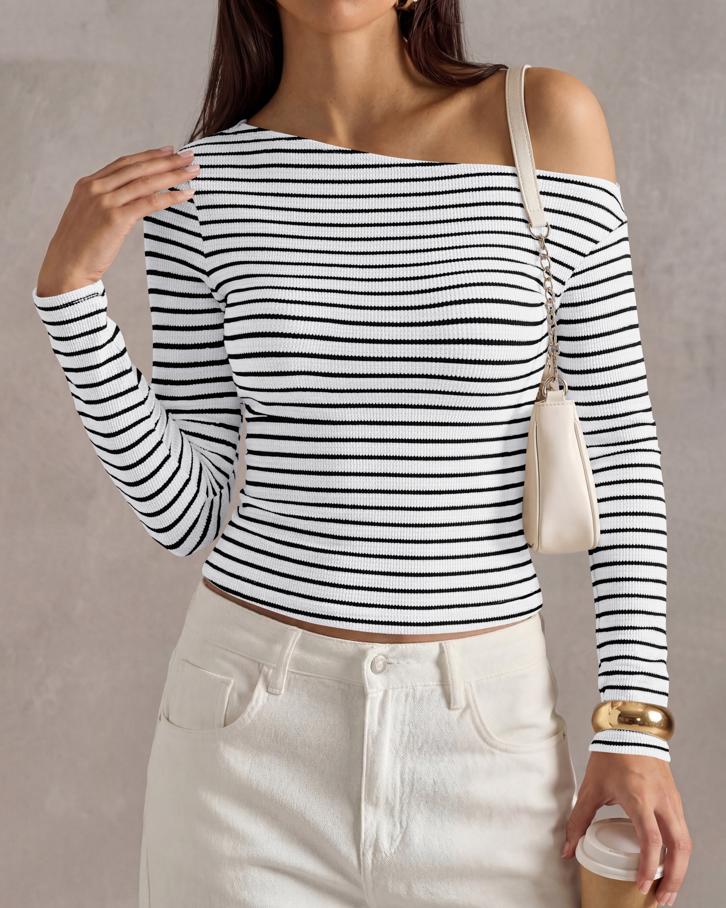 PRETTYGARDEN Womens Tops 2026 Fall Off The Shoulder Long Sleeve Shirts Striped Fitted Y2K T-Shirt Going Out Crop Top