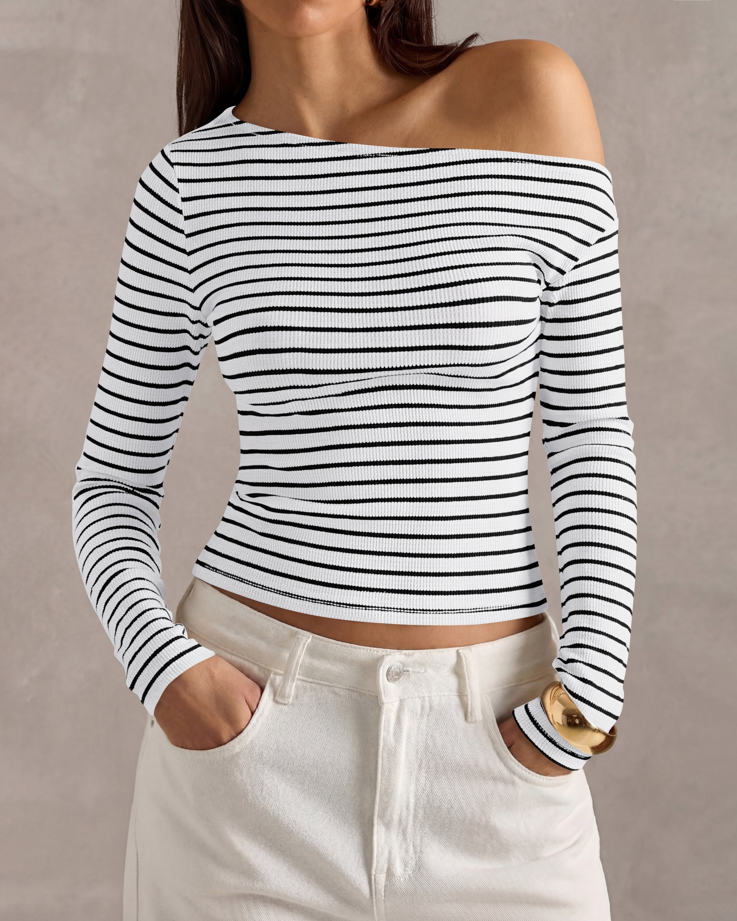 PRETTYGARDEN Womens Tops 2026 Fall Off The Shoulder Long Sleeve Shirts Striped Fitted Y2K T-Shirt Going Out Crop Top