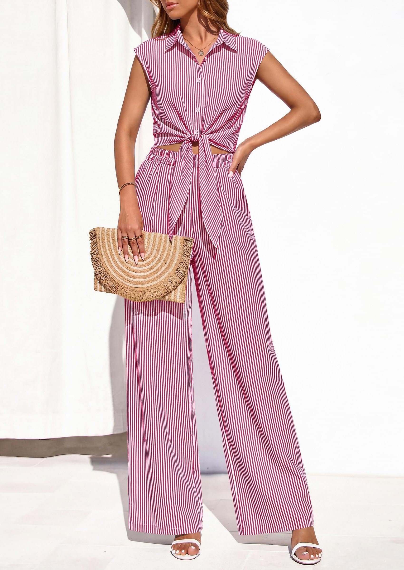 PRETTYGARDEN 2 Piece Sets For Women Summer Striped Button Down Tie Front Crop Tops Wide Leg Pants Floral Lounge Set 2026 PRETTYGARDEN