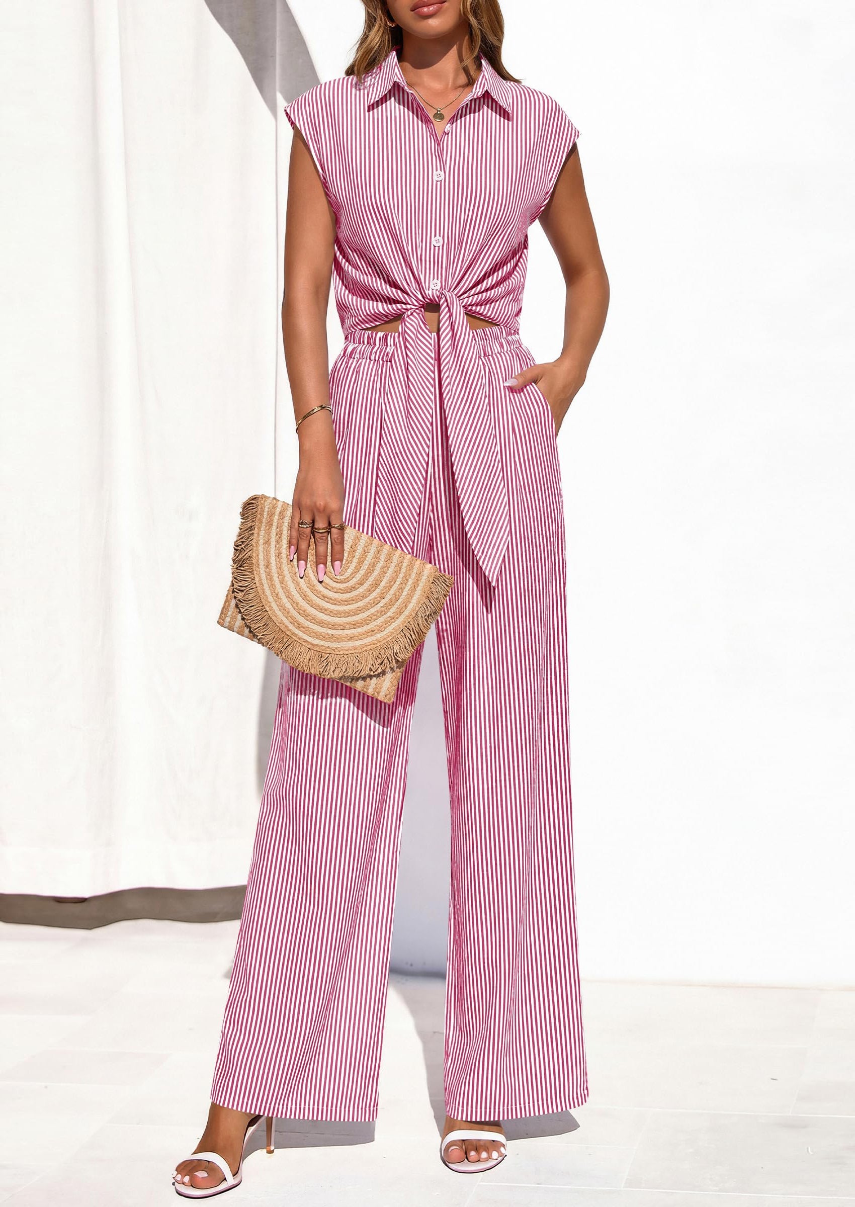 PRETTYGARDEN 2 Piece Sets For Women Summer Striped Button Down Tie Front Crop Tops Wide Leg Pants Floral Lounge Set 2026 PRETTYGARDEN