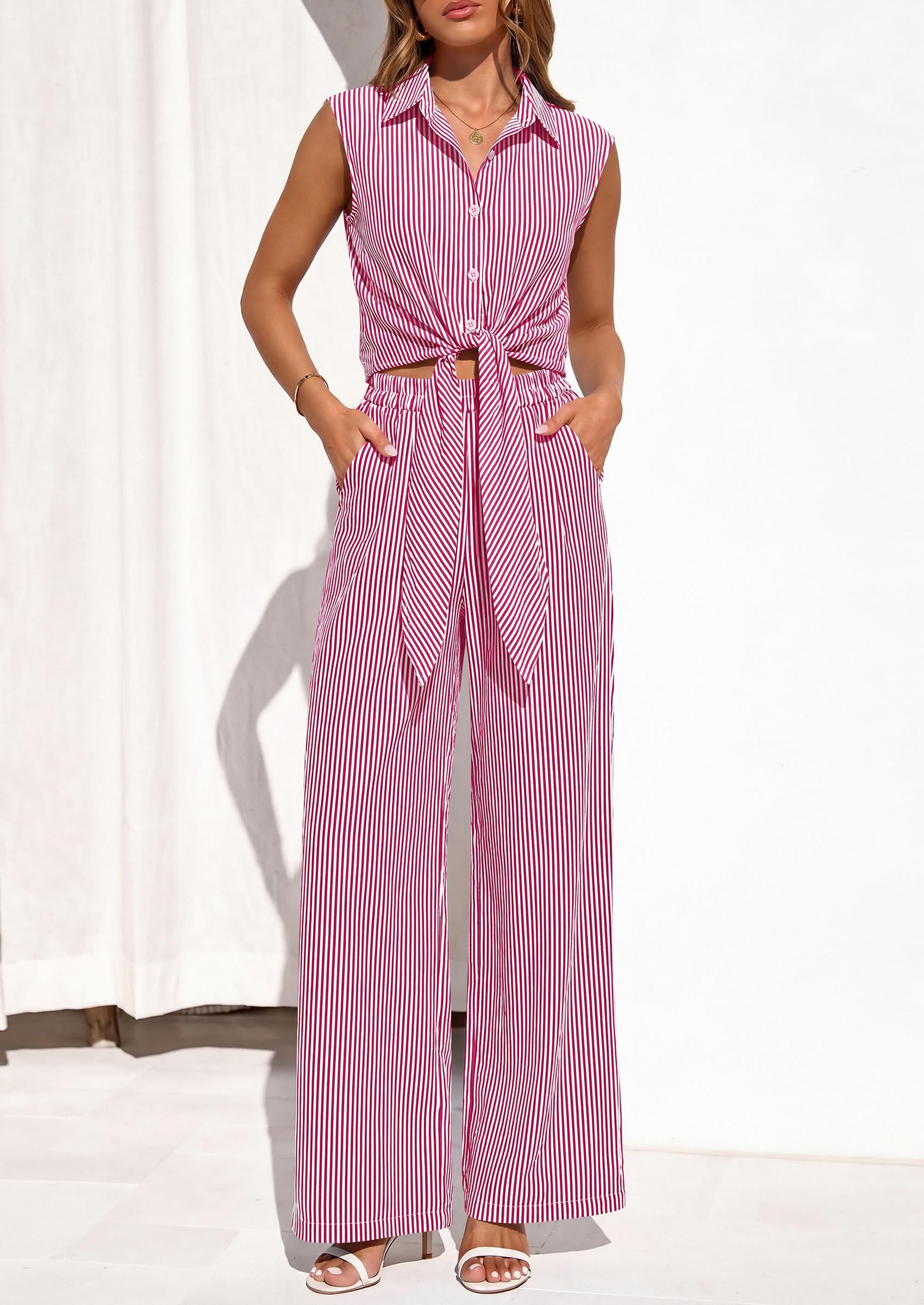 PRETTYGARDEN 2 Piece Sets For Women Summer Striped Button Down Tie Front Crop Tops Wide Leg Pants Floral Lounge Set 2026 PRETTYGARDEN