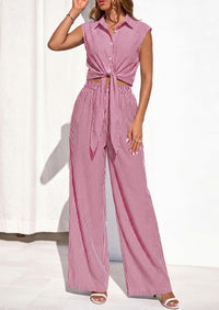 PRETTYGARDEN 2 Piece Sets For Women Summer Striped Button Down Tie Front Crop Tops Wide Leg Pants Floral Lounge Set 2026 PRETTYGARDEN