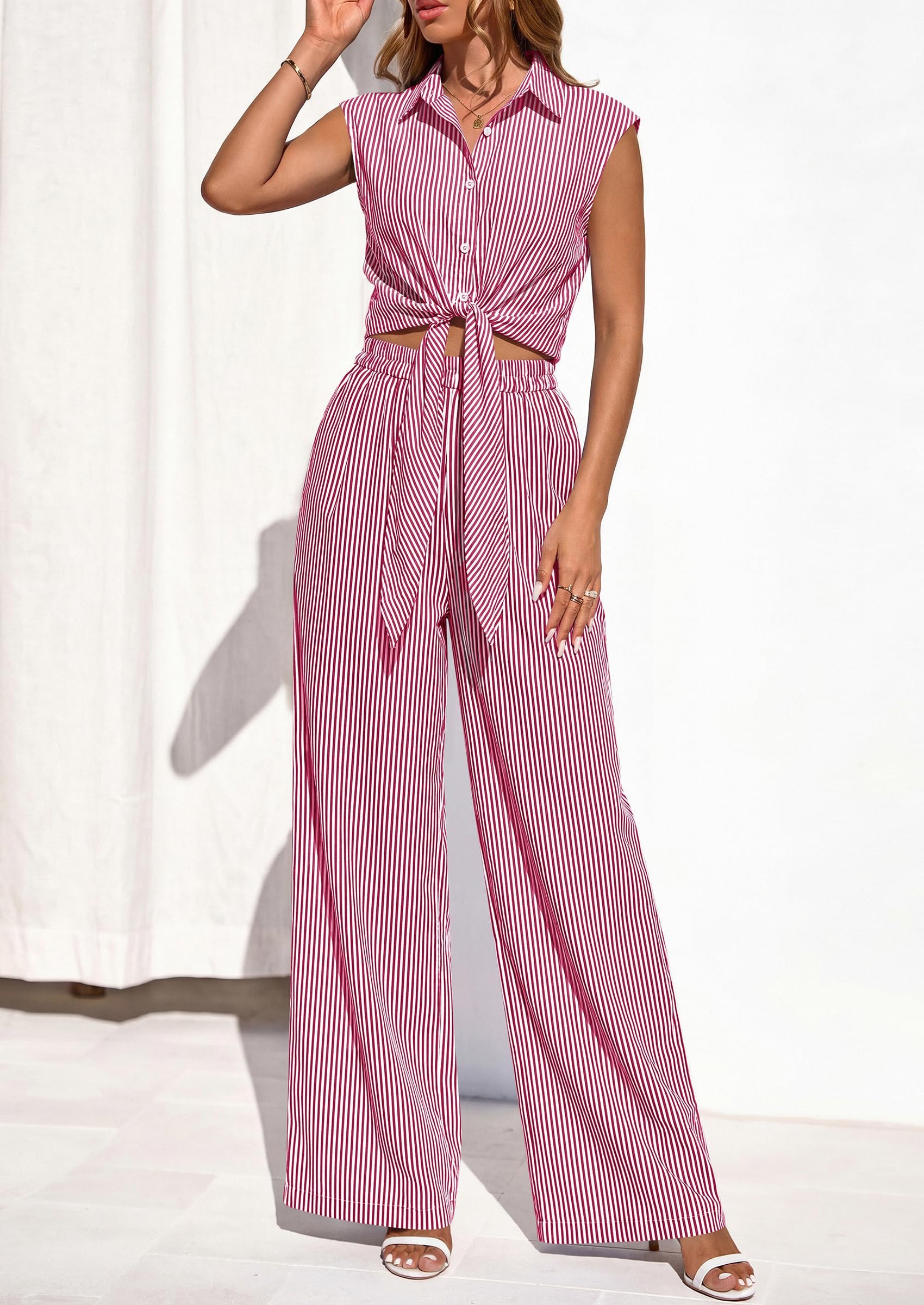 PRETTYGARDEN 2 Piece Sets For Women Summer Striped Button Down Tie Front Crop Tops Wide Leg Pants Floral Lounge Set 2026 PRETTYGARDEN