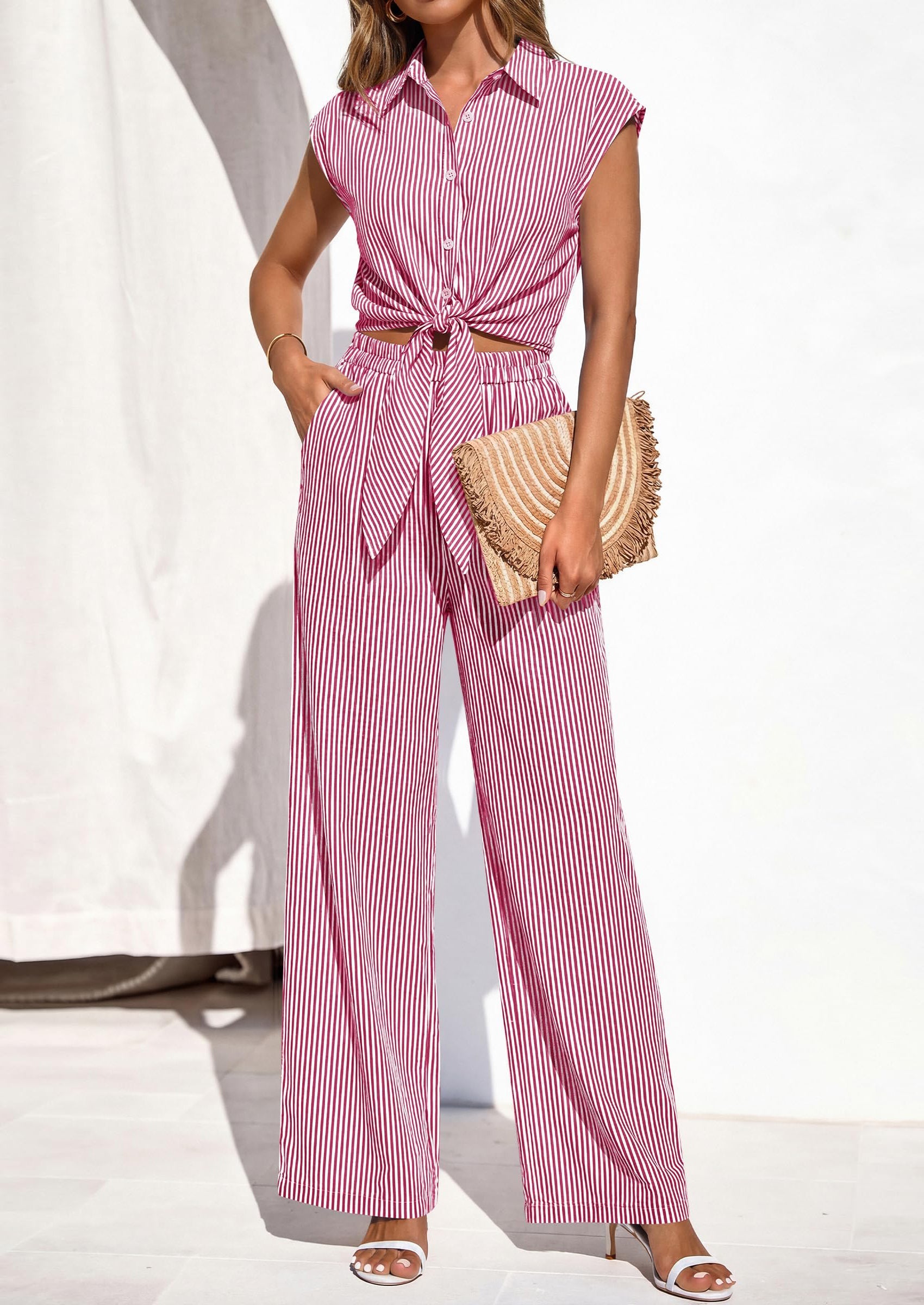 PRETTYGARDEN 2 Piece Sets For Women Summer Striped Button Down Tie Front Crop Tops Wide Leg Pants Floral Lounge Set 2026 PRETTYGARDEN