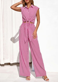 PRETTYGARDEN 2 Piece Sets For Women Summer Striped Button Down Tie Front Crop Tops Wide Leg Pants Floral Lounge Set 2026 PRETTYGARDEN