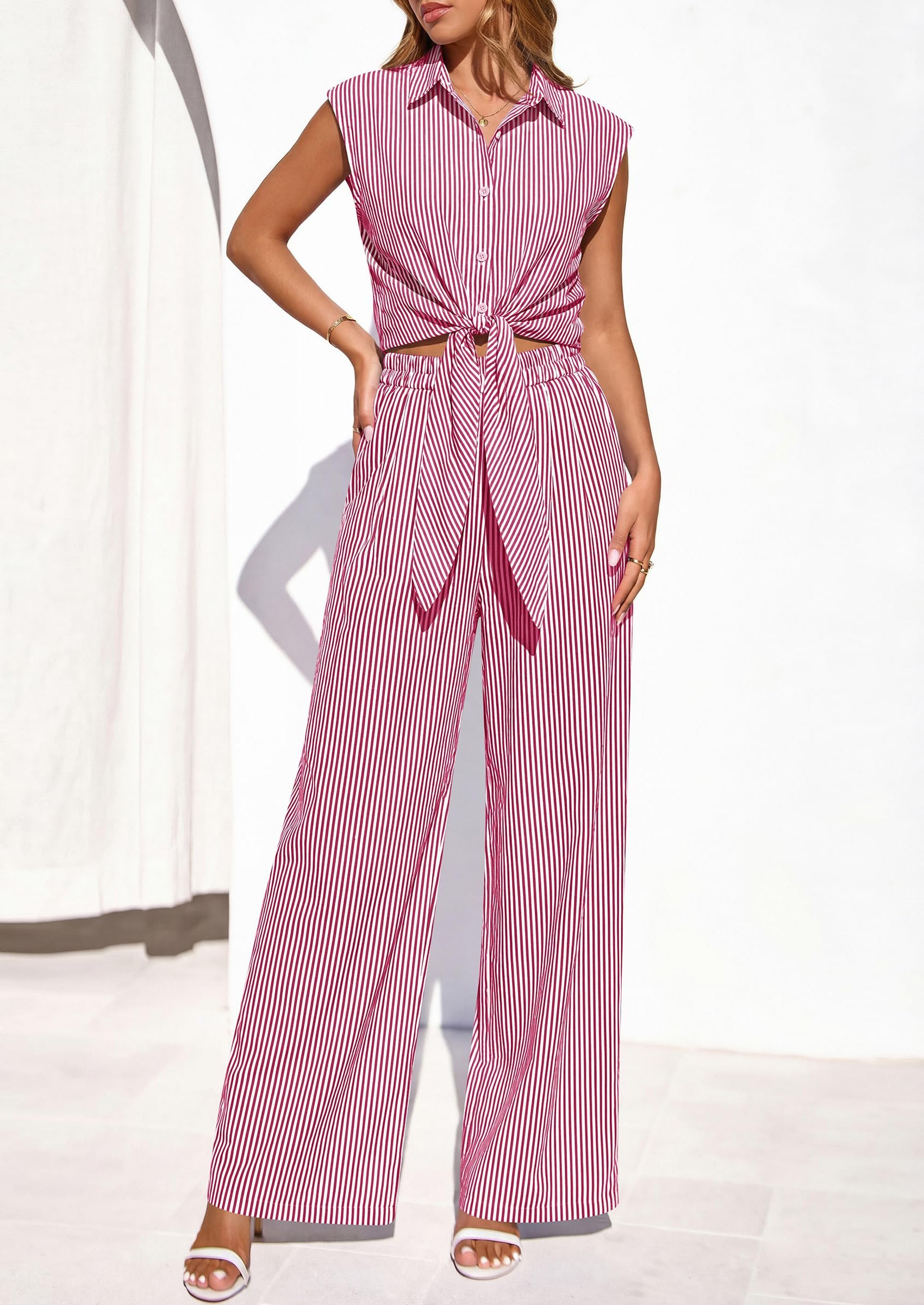 PRETTYGARDEN 2 Piece Sets For Women Summer Striped Button Down Tie Front Crop Tops Wide Leg Pants Floral Lounge Set 2026 PRETTYGARDEN