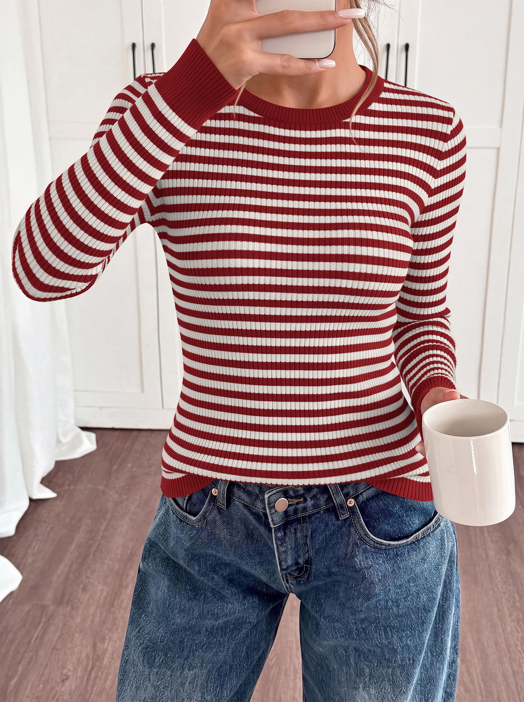 PRETTYGARDEN Womens Long Sleeve Striped Fitted Sweater Tops  | Crewneck Color Block Fall Sweaters, Stretchy Ribbed Knit Tops, Slim Fit Shirts for Going Out, Business Casual, Trendy Clothes