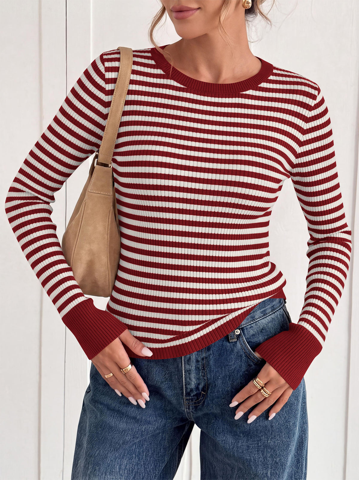 PRETTYGARDEN Womens Long Sleeve Striped Fitted Sweater Tops  | Crewneck Color Block Fall Sweaters, Stretchy Ribbed Knit Tops, Slim Fit Shirts for Going Out, Business Casual, Trendy Clothes