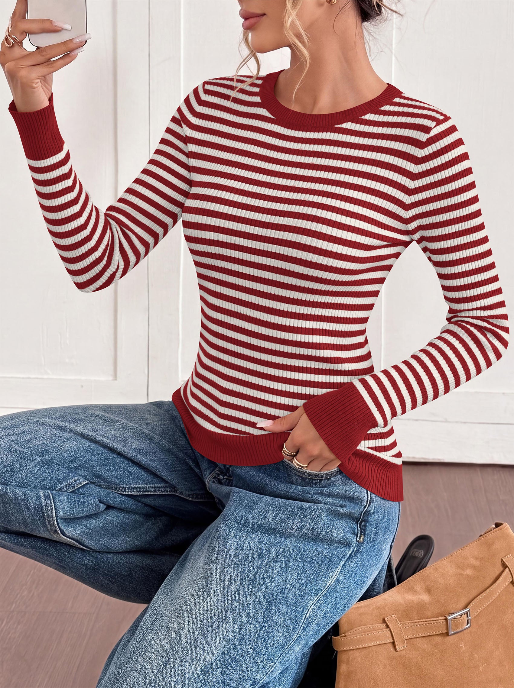 PRETTYGARDEN Womens Long Sleeve Striped Fitted Sweater Tops  | Crewneck Color Block Fall Sweaters, Stretchy Ribbed Knit Tops, Slim Fit Shirts for Going Out, Business Casual, Trendy Clothes