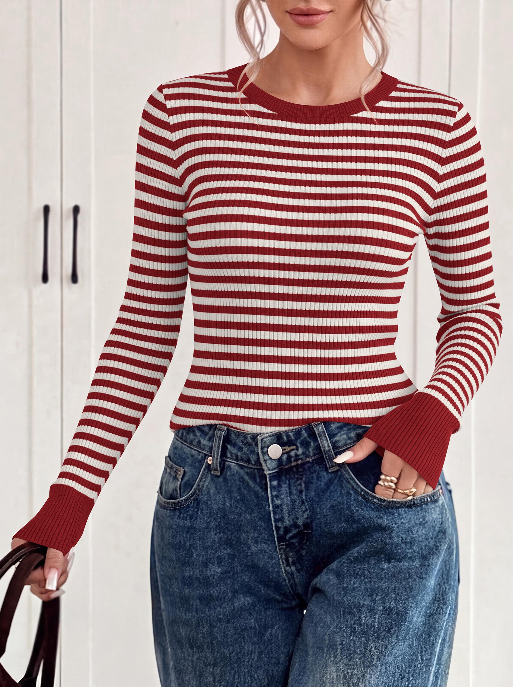 PRETTYGARDEN Womens Long Sleeve Striped Fitted Sweater Tops  | Crewneck Color Block Fall Sweaters, Stretchy Ribbed Knit Tops, Slim Fit Shirts for Going Out, Business Casual, Trendy Clothes
