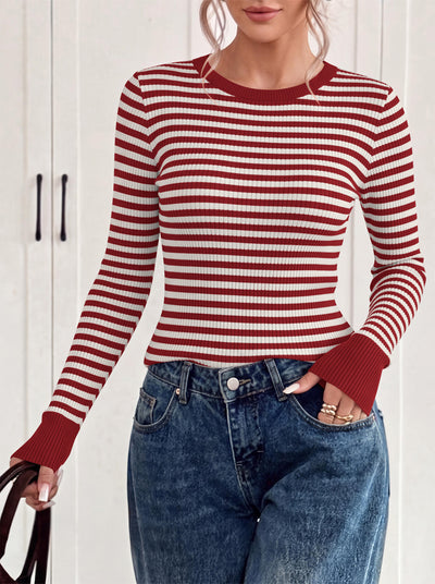 PRETTYGARDEN Womens Long Sleeve Striped Fitted Sweater Tops  | Crewneck Color Block Fall Sweaters, Stretchy Ribbed Knit Tops, Slim Fit Shirts for Going Out, Business Casual, Trendy Clothes