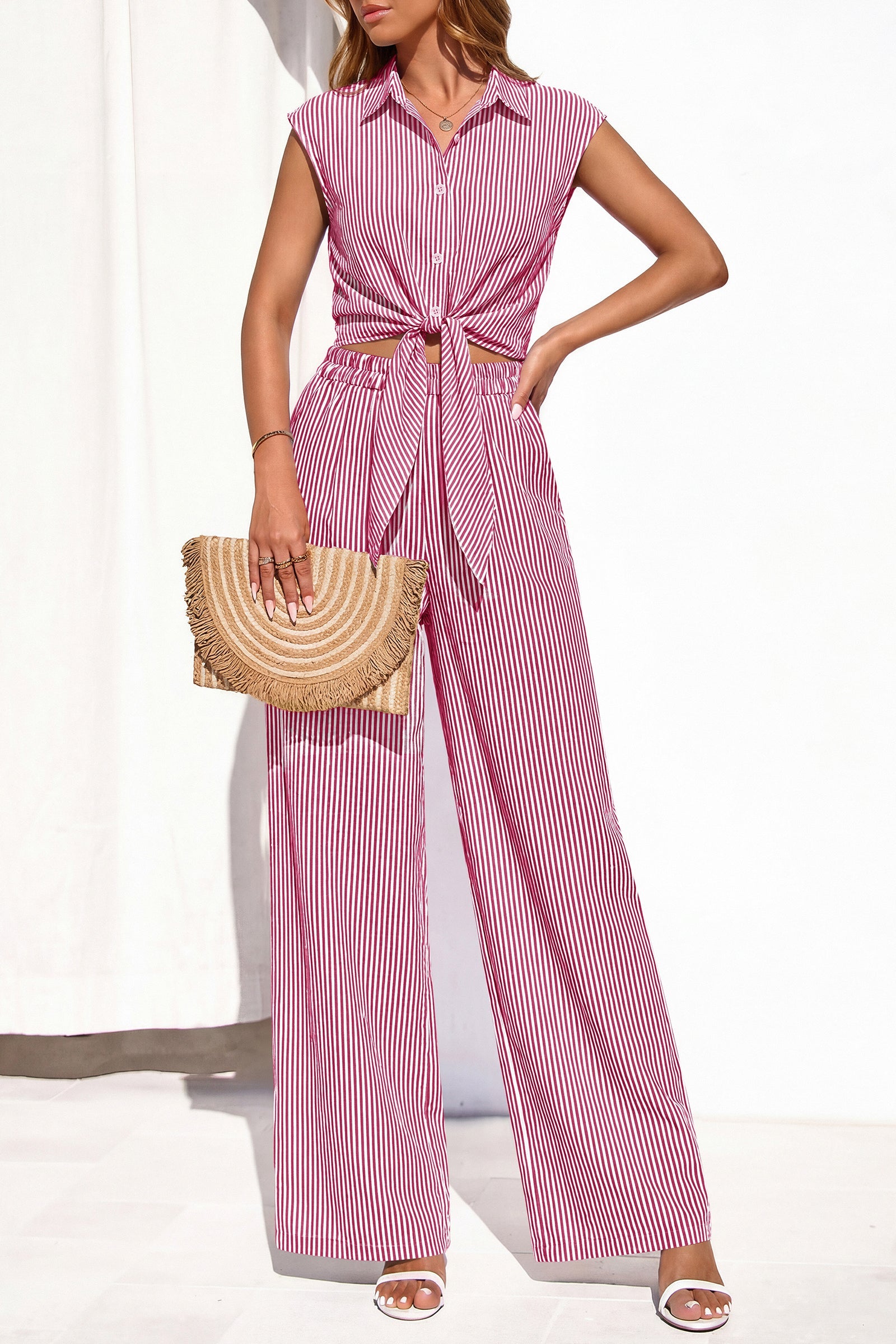 PRETTYGARDEN 2 Piece Sets For Women Summer Striped Button Down Tie Front Crop Tops Wide Leg Pants Floral Lounge Set 2026 PRETTYGARDEN