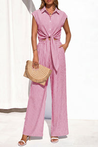 PRETTYGARDEN 2 Piece Sets For Women Summer Striped Button Down Tie Front Crop Tops Wide Leg Pants Floral Lounge Set 2026 PRETTYGARDEN