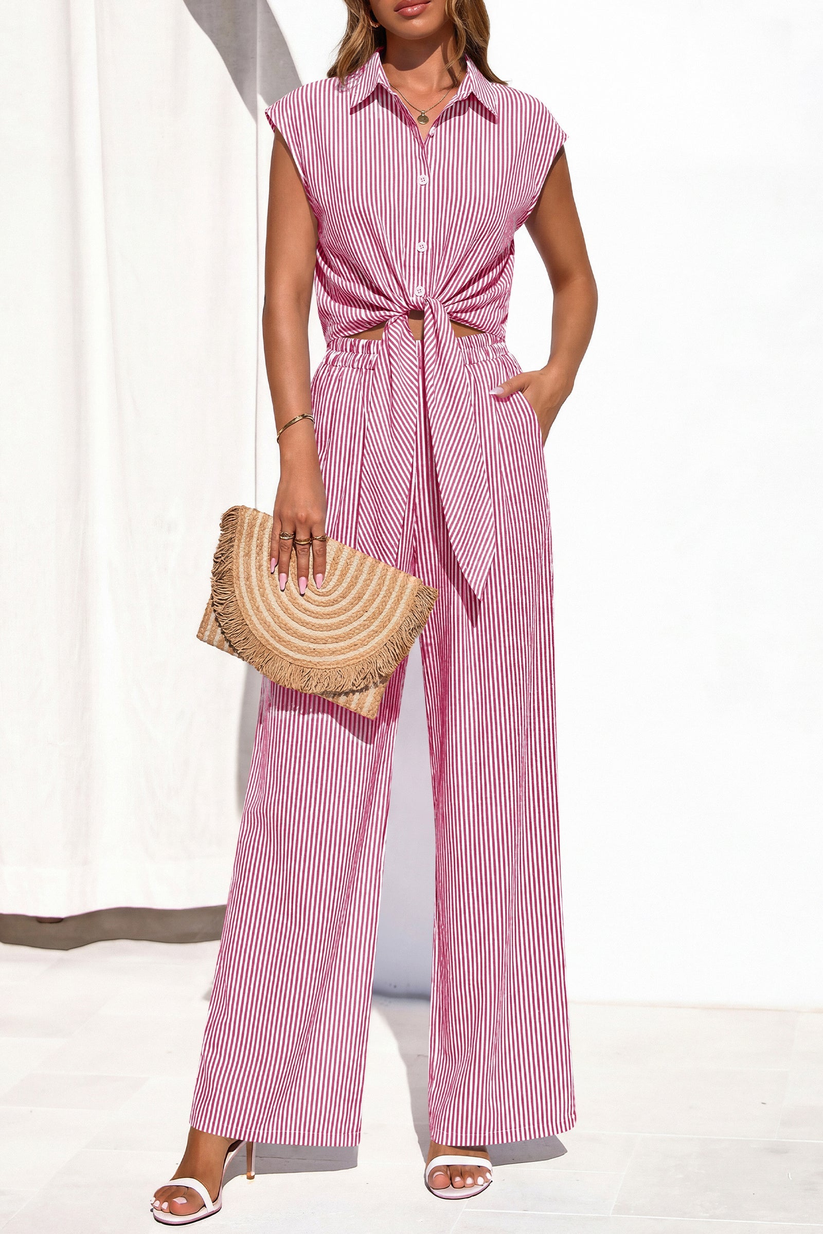 PRETTYGARDEN 2 Piece Sets For Women Summer Striped Button Down Tie Front Crop Tops Wide Leg Pants Floral Lounge Set 2026 PRETTYGARDEN