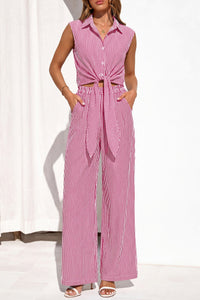 PRETTYGARDEN 2 Piece Sets For Women Summer Striped Button Down Tie Front Crop Tops Wide Leg Pants Floral Lounge Set 2026 PRETTYGARDEN