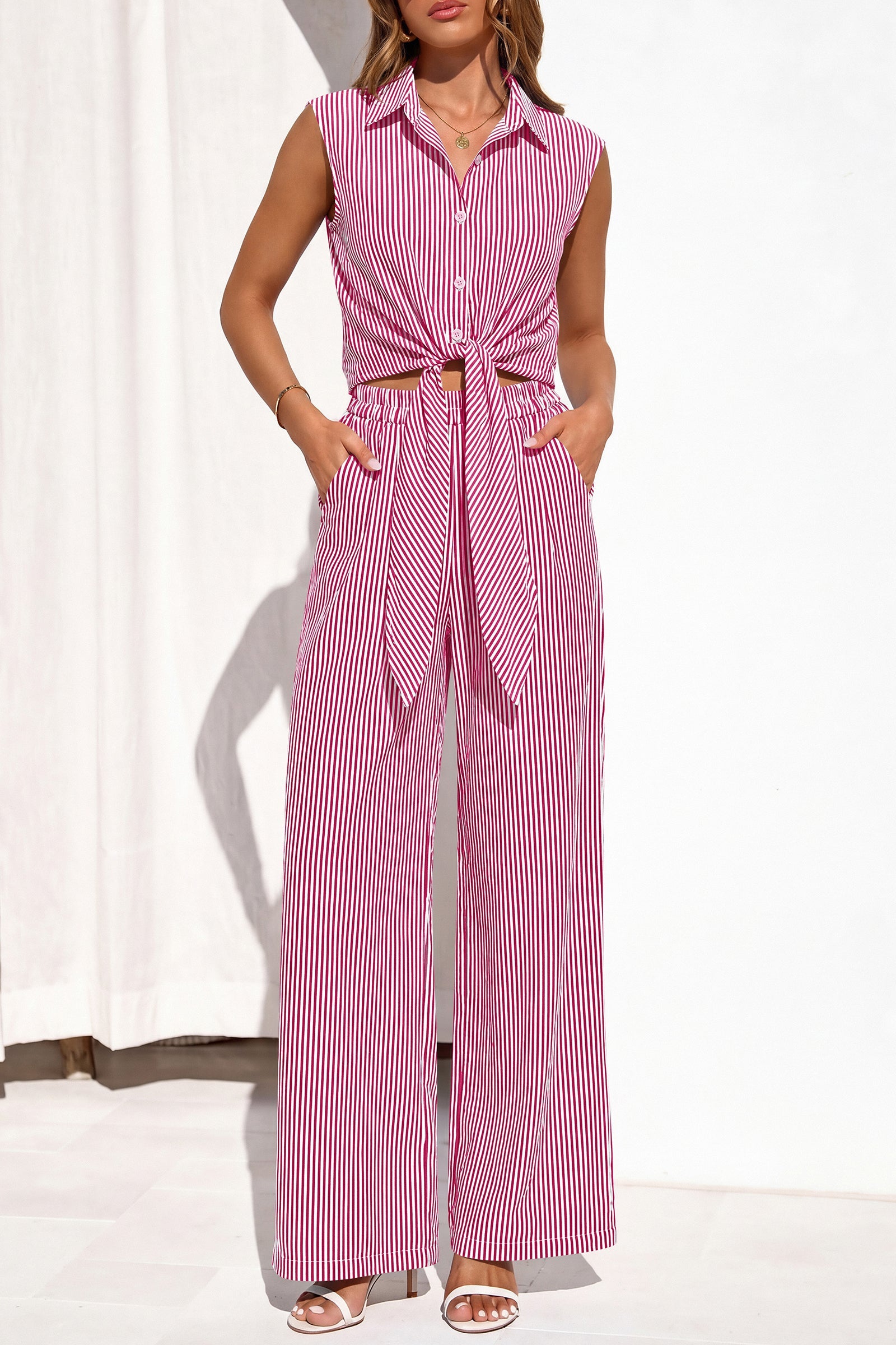 PRETTYGARDEN 2 Piece Sets For Women Summer Striped Button Down Tie Front Crop Tops Wide Leg Pants Floral Lounge Set 2026 PRETTYGARDEN