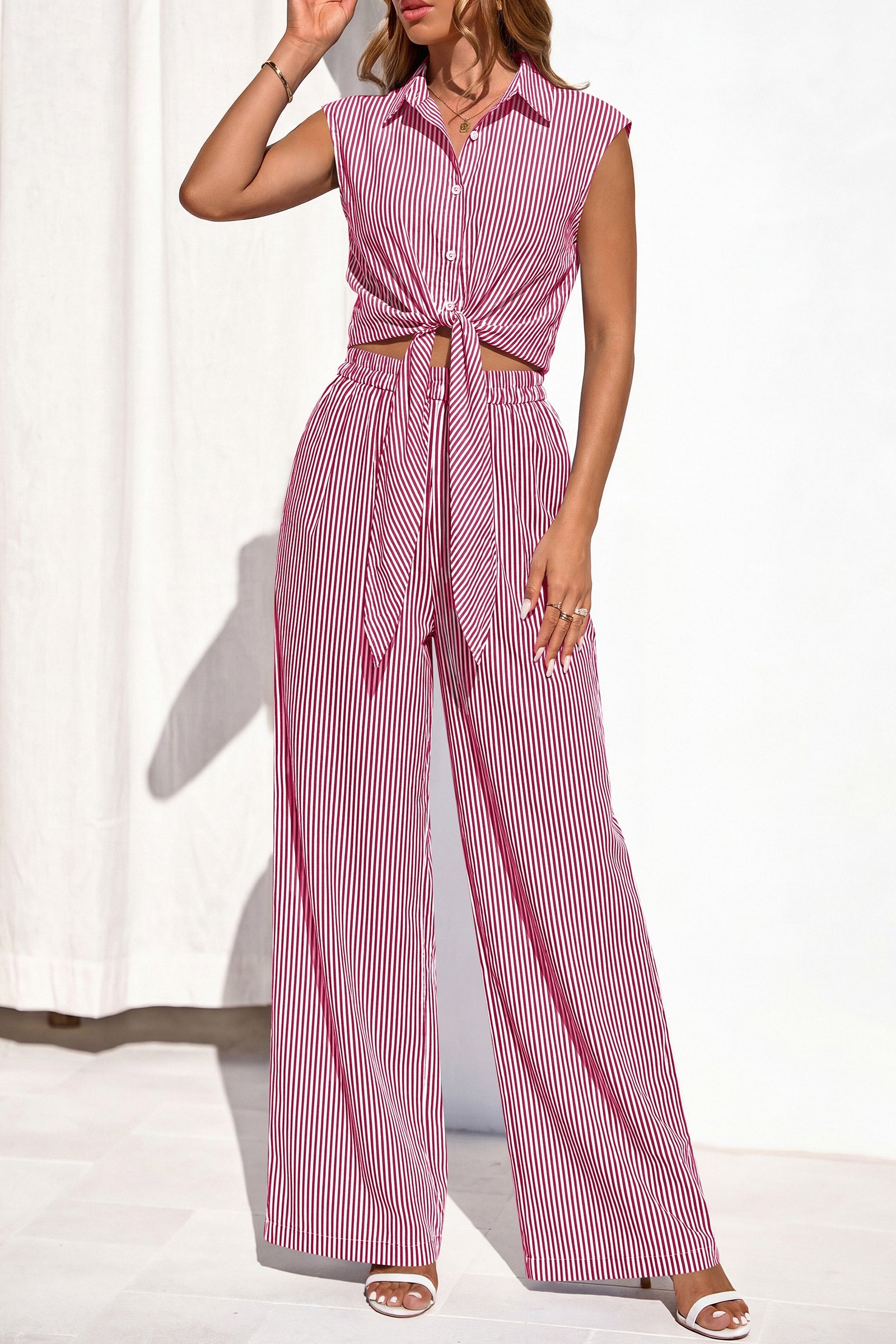 PRETTYGARDEN 2 Piece Sets For Women Summer Striped Button Down Tie Front Crop Tops Wide Leg Pants Floral Lounge Set 2026 PRETTYGARDEN