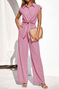 PRETTYGARDEN 2 Piece Sets For Women Summer Striped Button Down Tie Front Crop Tops Wide Leg Pants Floral Lounge Set 2026 PRETTYGARDEN